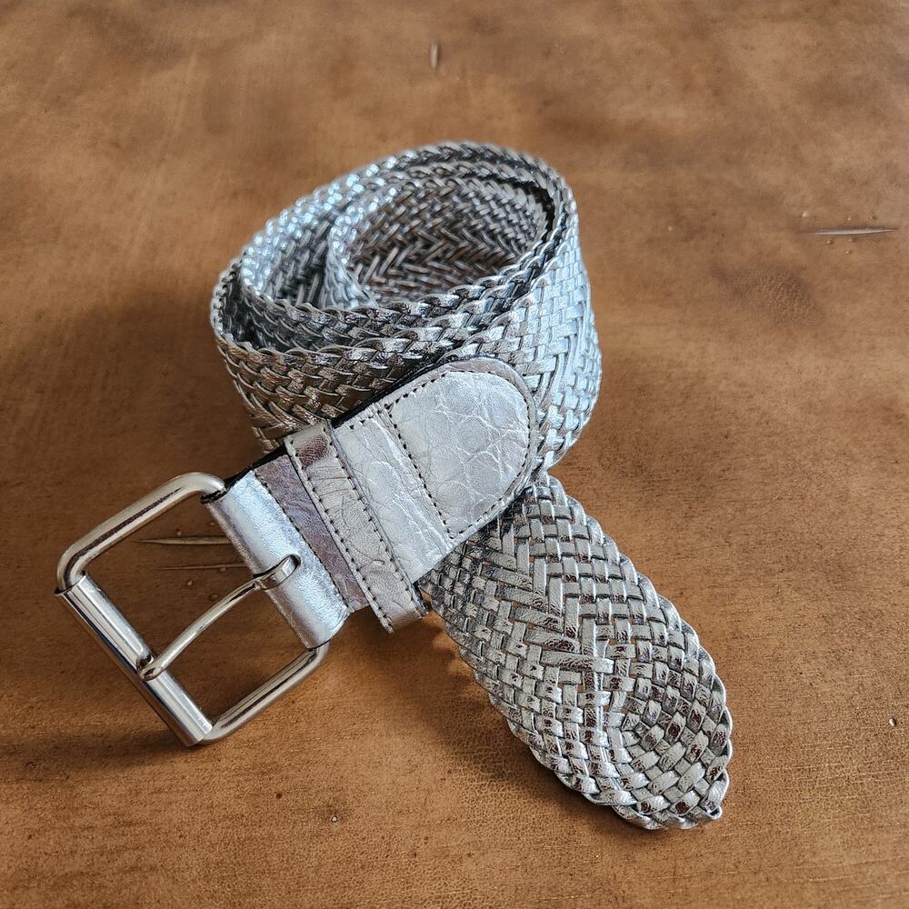 Women's Braided Woven Belt Silver Metallic Silver Buckle 46 7/8" Long  Boho Chic